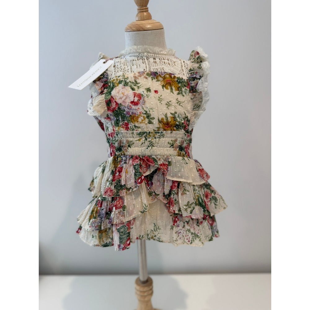 NWT LoveShackFancy Girls Ruffle Mini Dress, Floral, Smocked Waist, Size 18-24M